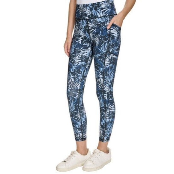 NWT DKNY Ladies' Sport Legging BLUE DIZZY TROPICS Size Medium - Picture 2 of 3